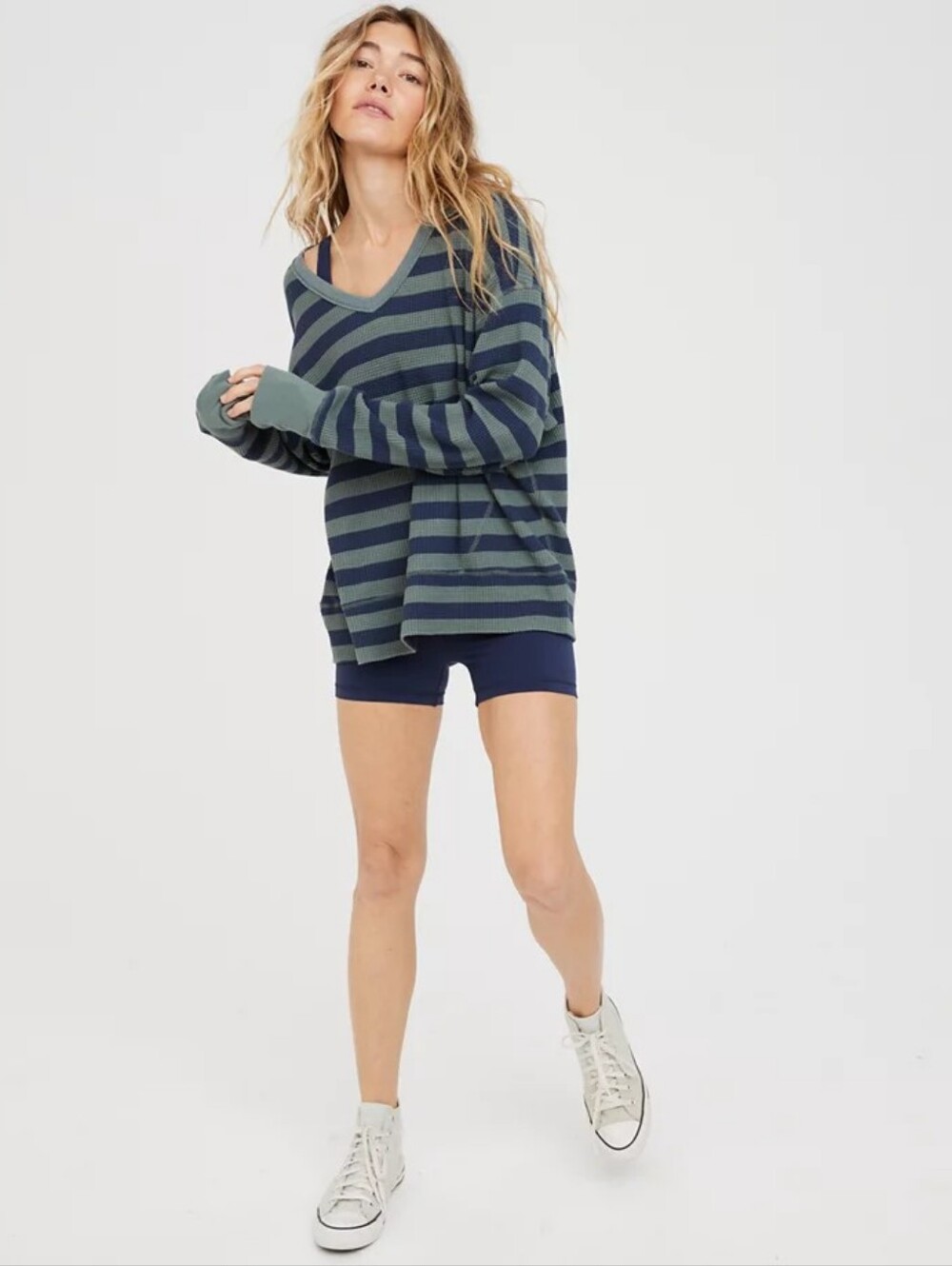 Aerie Offline Wow! Waffle Oversized Striped T-Shirt Navy Blue Green Pullover Top